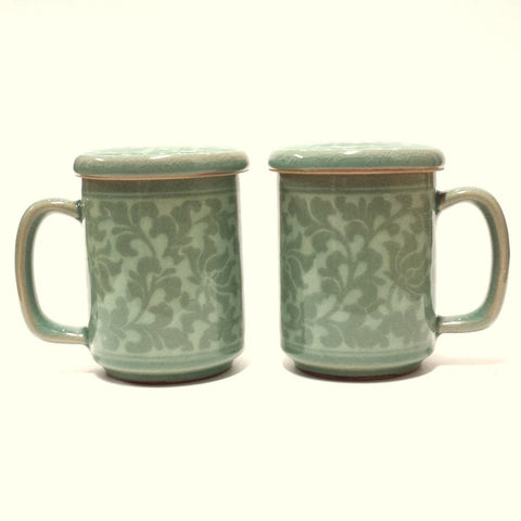 Korean celadon mug set - Inlaid Rinceau