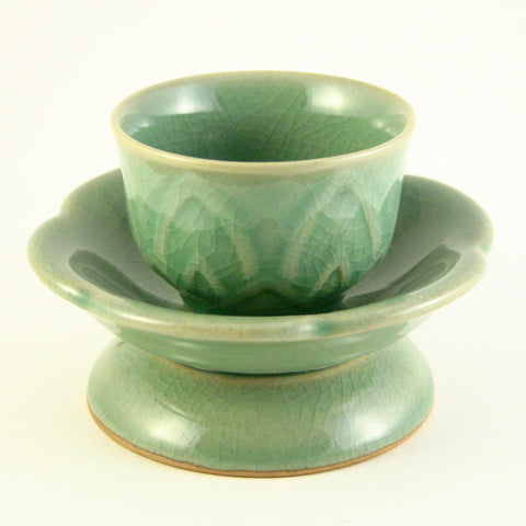 ceremonial celadon teacup with holder - Lotus flower