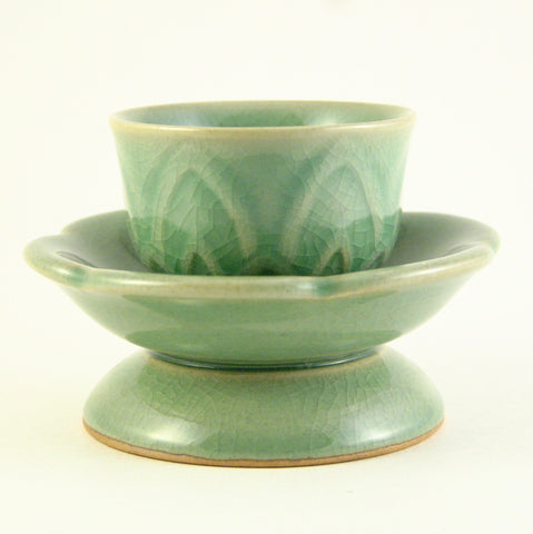 ceremonial celadon teacup with holder - Lotus flower